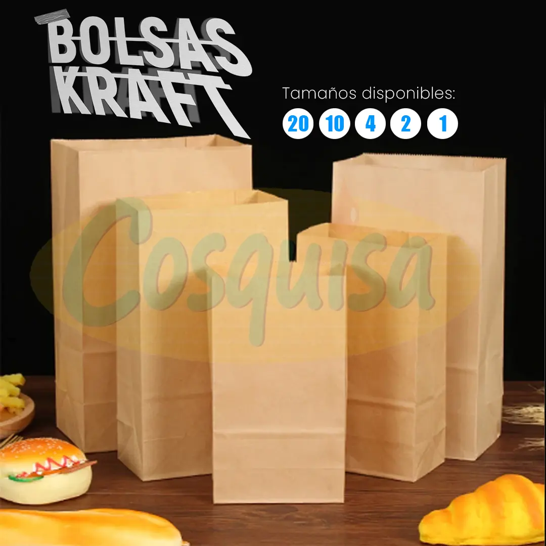Bolsas de papel kraft, variedad de tamaños, ideales para panadería, postres, entregas