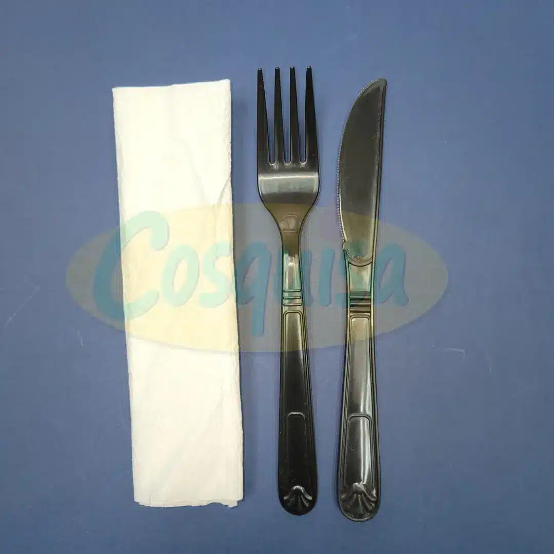 Kit tenedor cuchillo servilleta pequeño negro