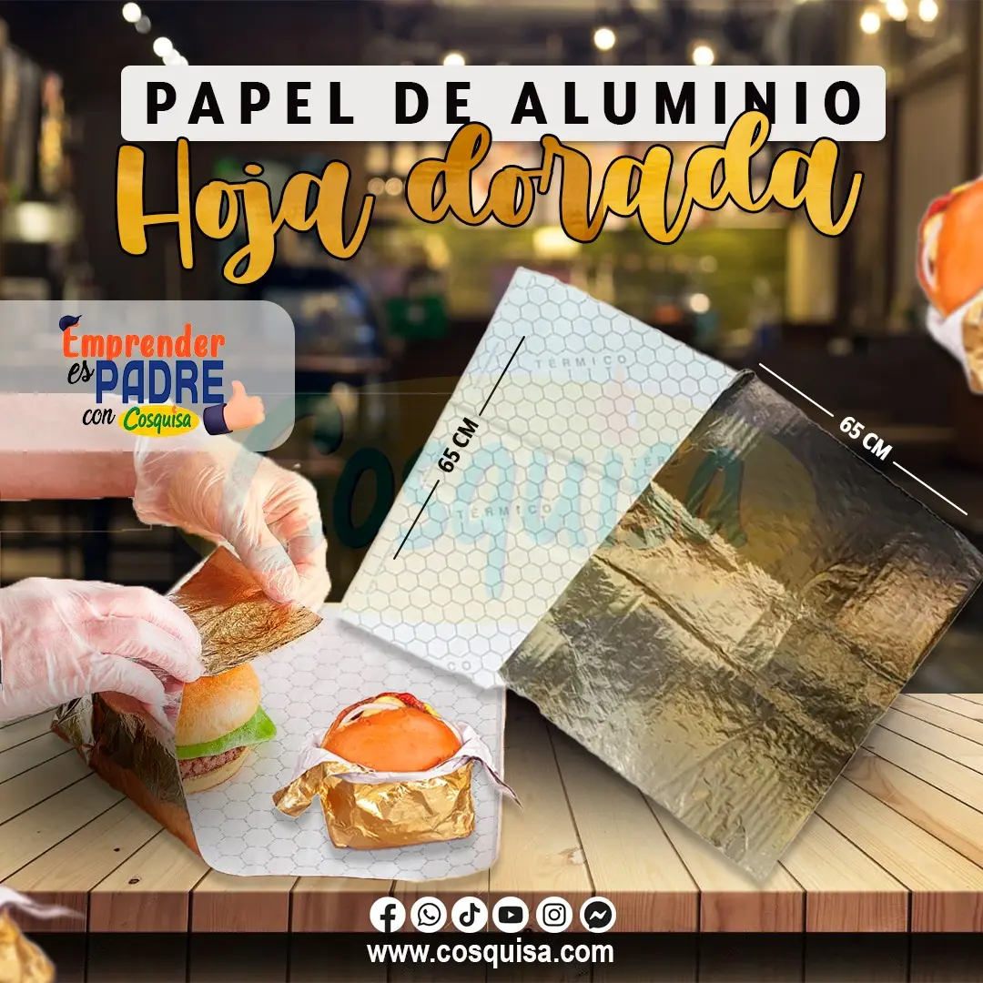 Papel aluminio en hojas doradas para hamburguesas