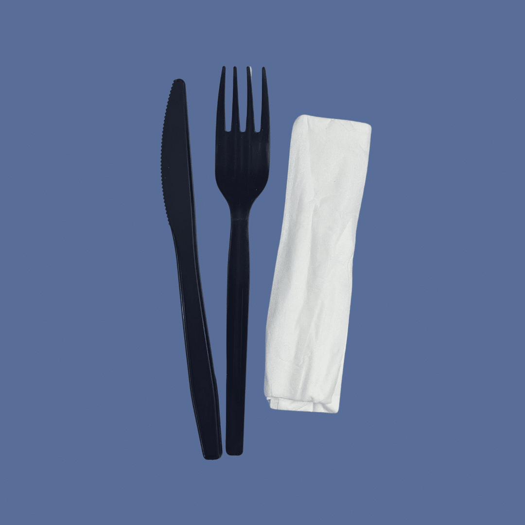 Kit de tenedor, cuchillo y servilleta negro para comida, restaurantes