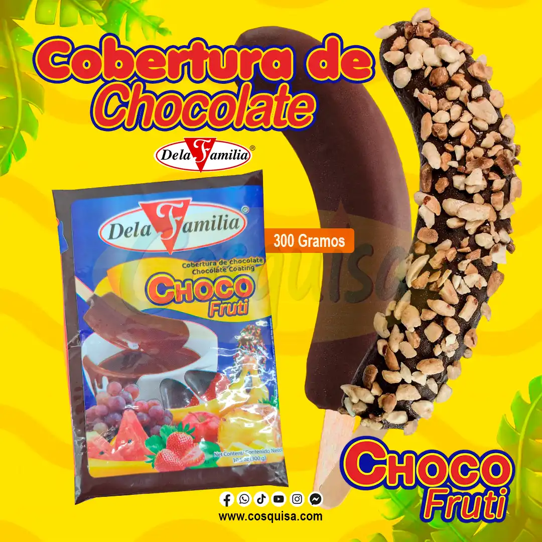 Cobertura de chocolate La Familia Chocobananos para repostería y postres.