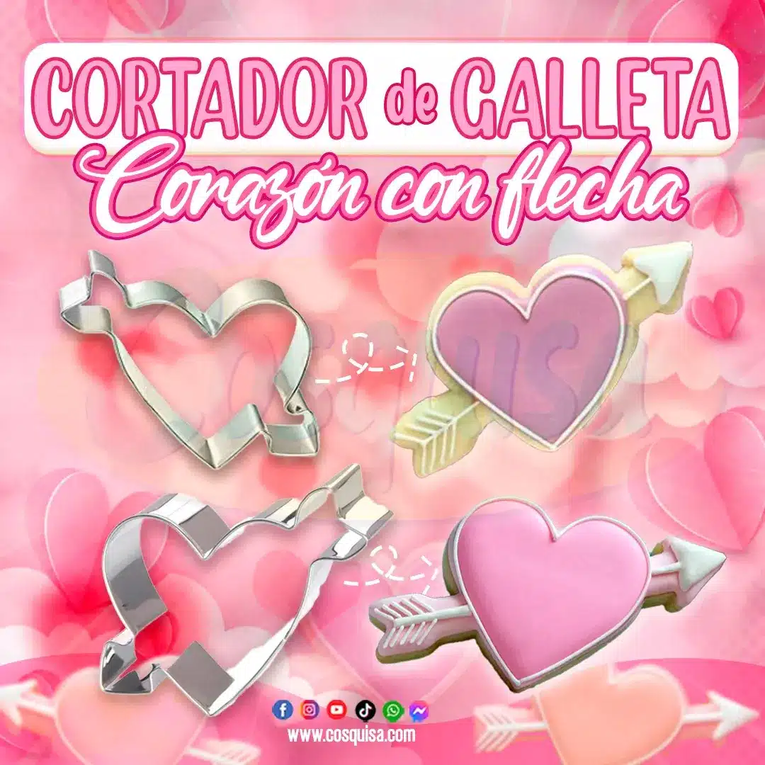 Cortador de galletas en forma de corazón con una flecha.