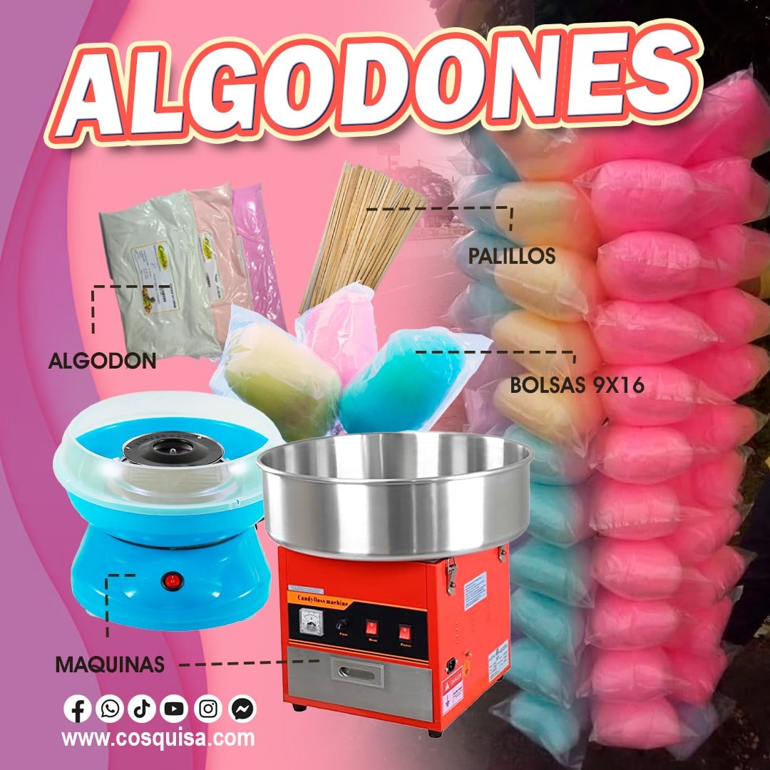 Kit completo para emprender negocio de algodones de azúcar con máquina, azúcar, palillos y bolsas para empacar.