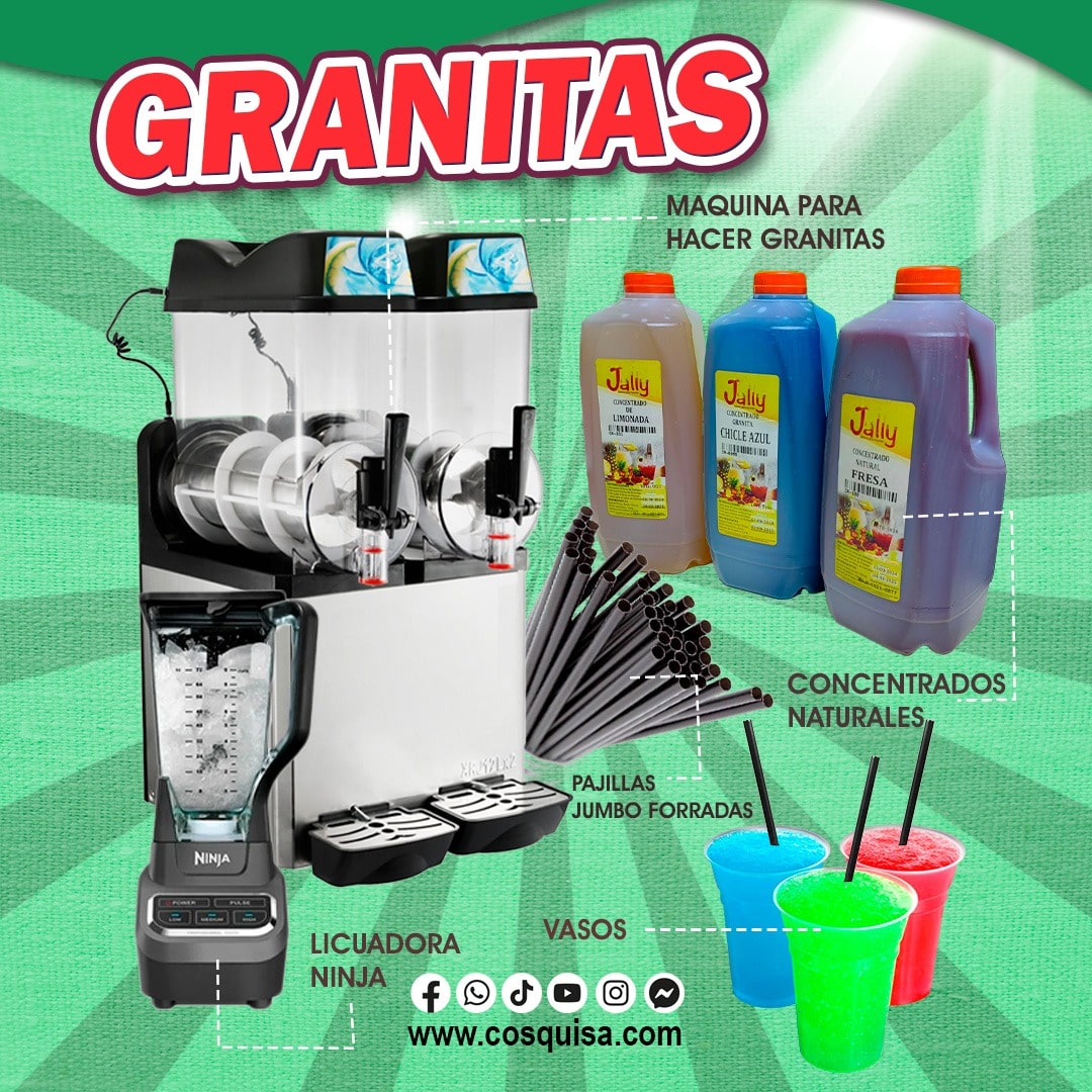 Kit completo para emprender negocio de granitas con máquina, concentrados naturales, vasos y pajillas desechables.