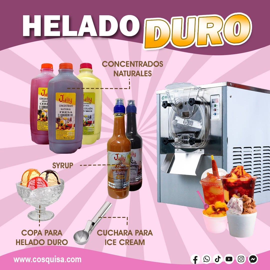 Kit completo para emprender negocio de helado duro con máquina, concentrados naturales, syrup, copas, cucharas y vasos desechables.