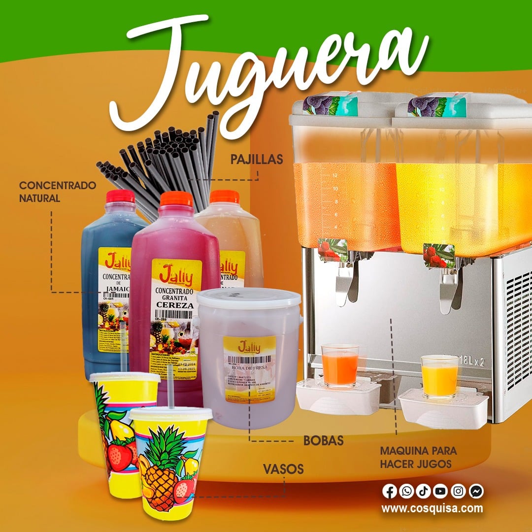 Kit completo para emprender negocio de jugos con máquina, concentrados naturales, bobas, pajillas y vasos desechables.