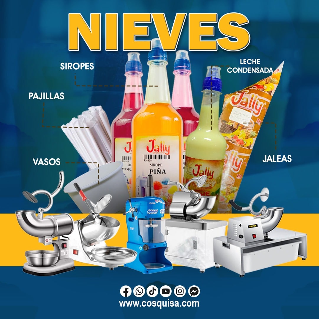 Kit completo para emprender negocio de nieves con máquina, siropes, syrup, leche condensada y vasos desechables.