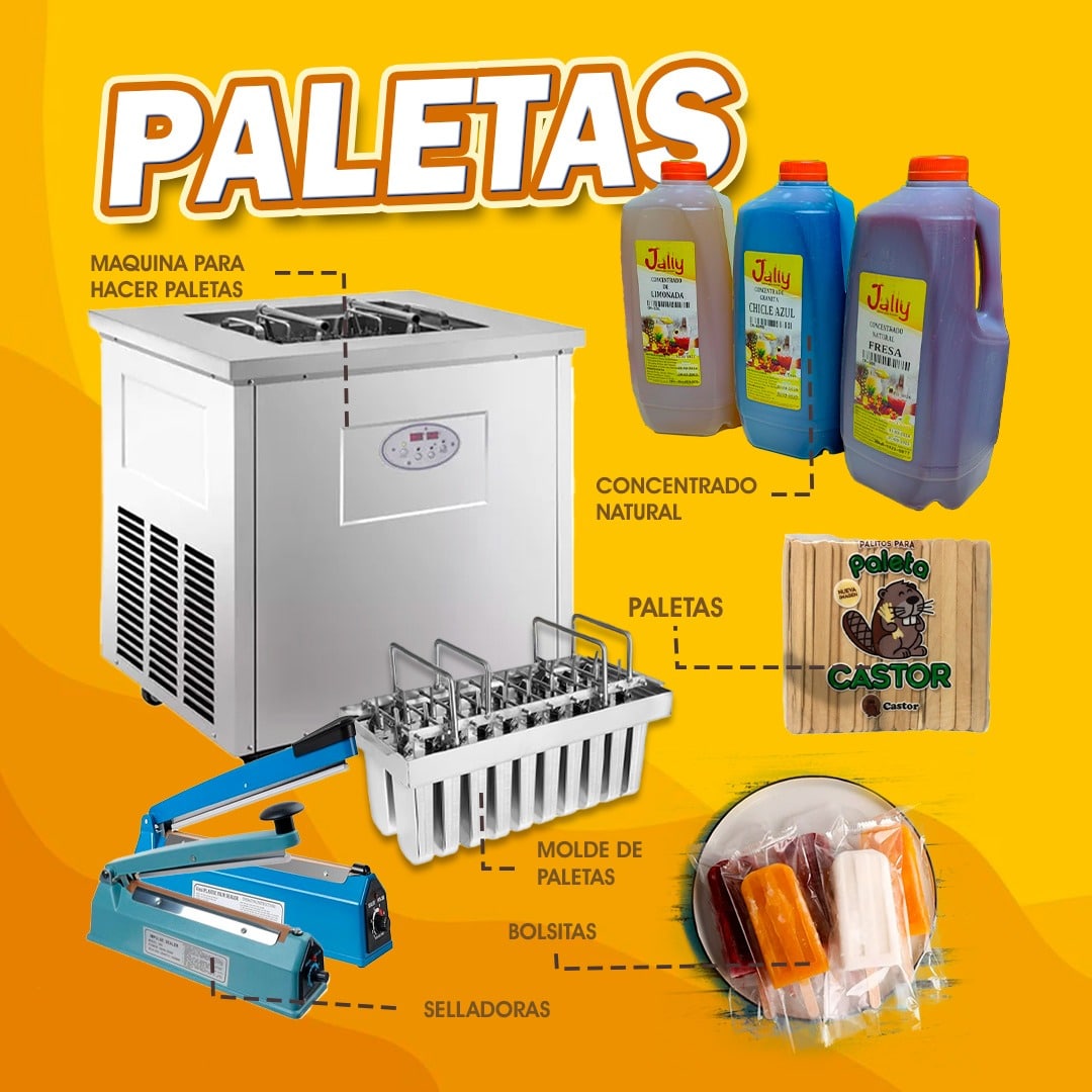 Kit completo para emprender negocio de paletas con máquina, moldes, concentrados naturales, bolsitas para empacar y selladora.