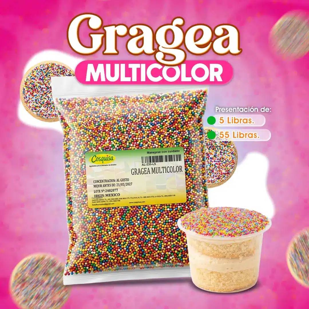Gragea multicolor para decoración de postres, pasteles, cupcakes y helados.