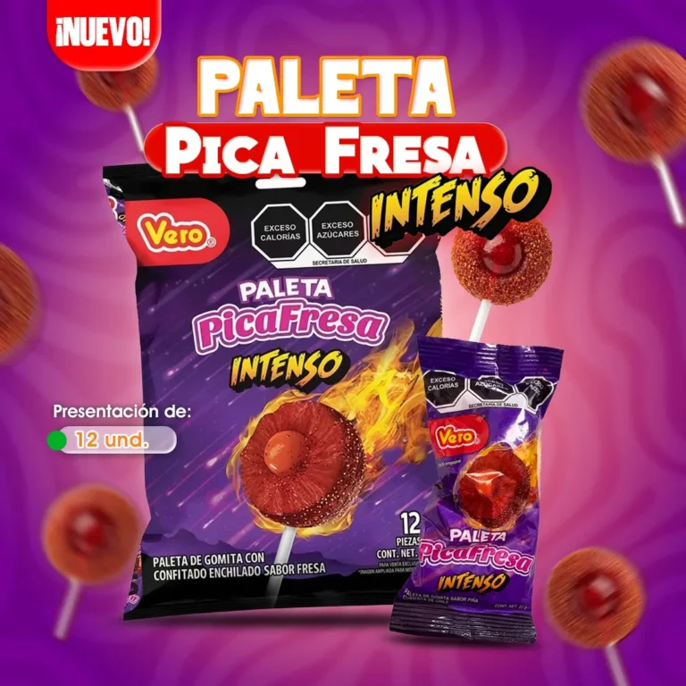 Paleta Pica Fresa Intenso con chile y sabor a fresa.