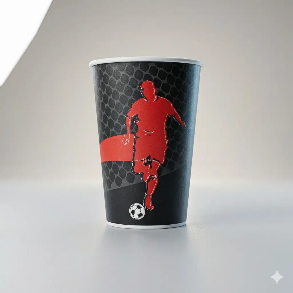 vaso de cartón 16 onzas para restaurantes, con diseño de jugador.