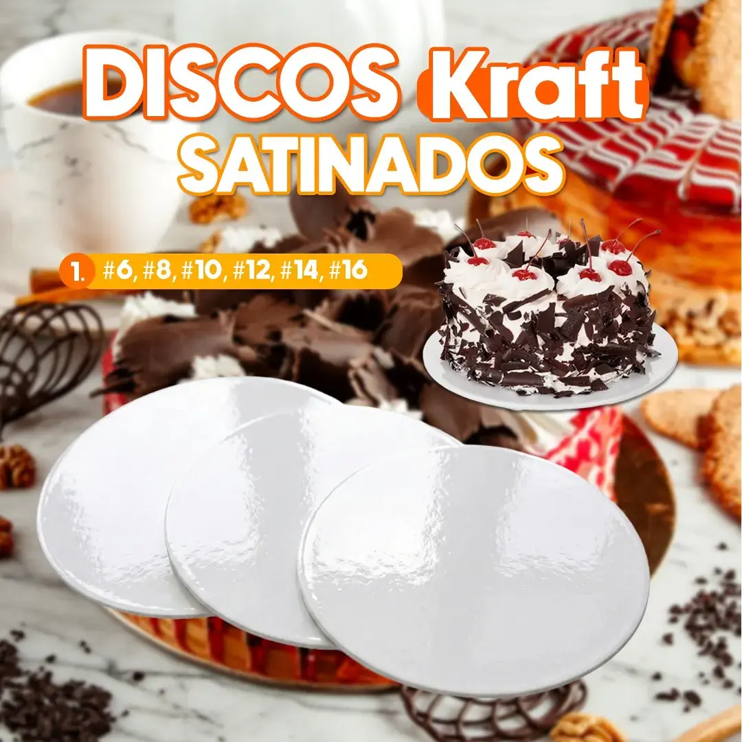 Discos kraft satinados para pasteles de diferentes tamaños ideales para repostería y presentación de tortas.