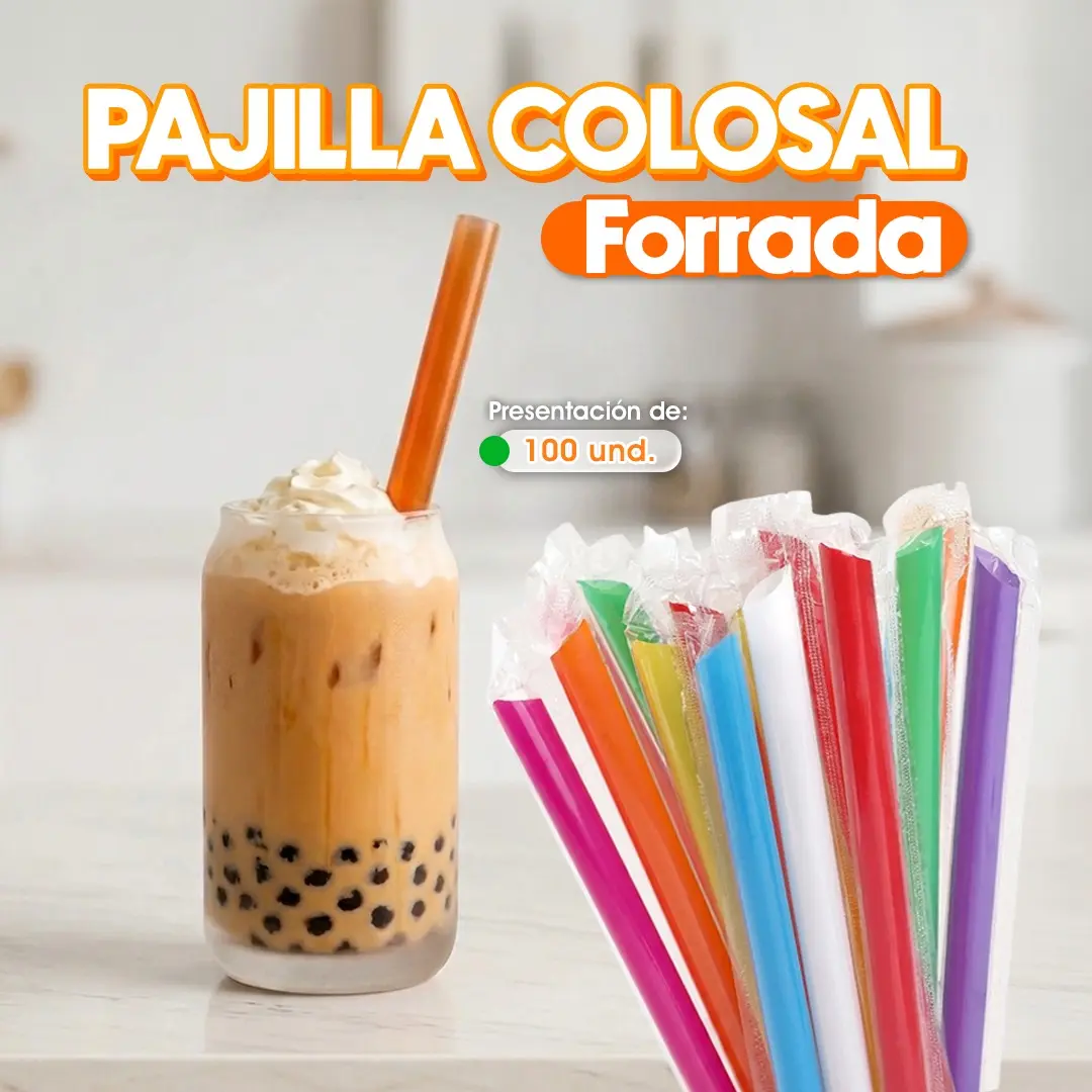 Paquete de pajillas Colosal forradas individualmente para bebidas frías, granitas, batidos y refrescos disponible en Cosquisa Honduras.