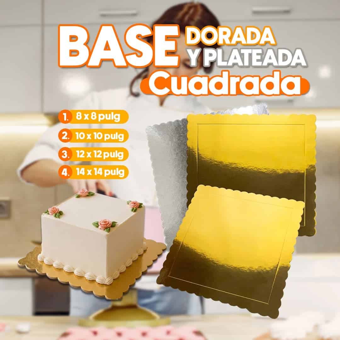 Base cuadrada dorada y plateada para pastel resistente para repostería y presentación de tortas.