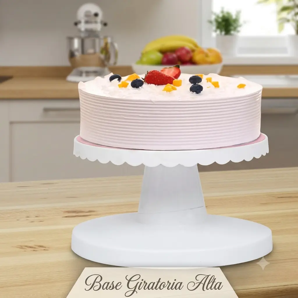 Base giratoria alta para decorar pasteles con precisión y estabilidad.