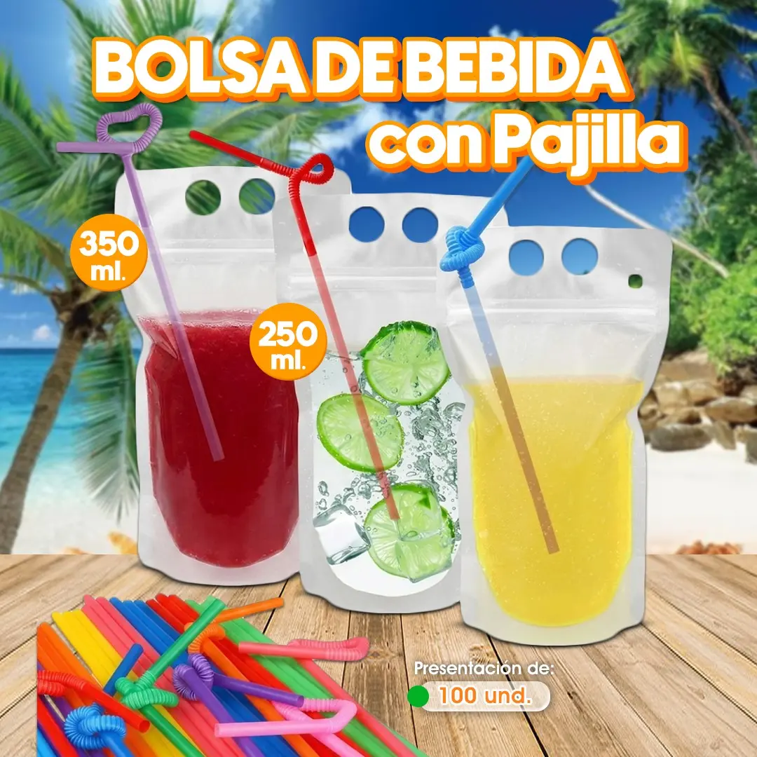Bolsas transparentes para bebida con pajilla de 250 ml y 350 ml, presentación de 100 unidades, ideales para jugos, limonadas, granitas y bebidas frías para llevar, disponibles en Cosquisa Honduras.