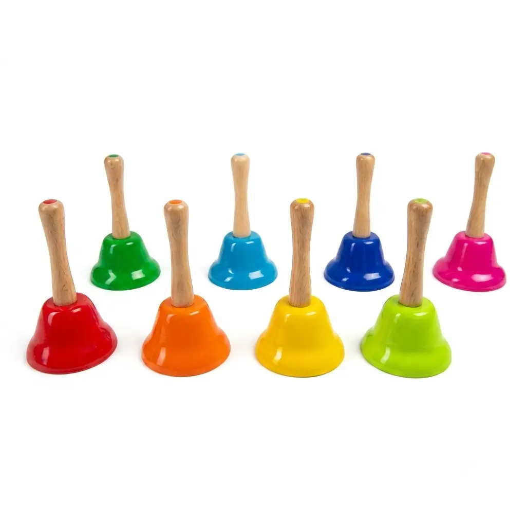 Campanitas de mano de colores para actividades musicales y educativas