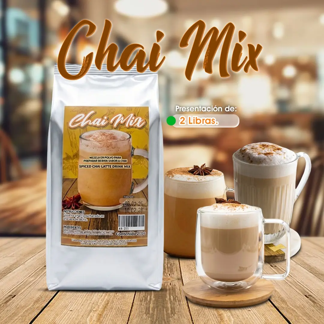Chai Mix para preparar bebidas calientes o frías, ideal para cafeterías, coffee shops y emprendimientos de bebidas en Honduras.