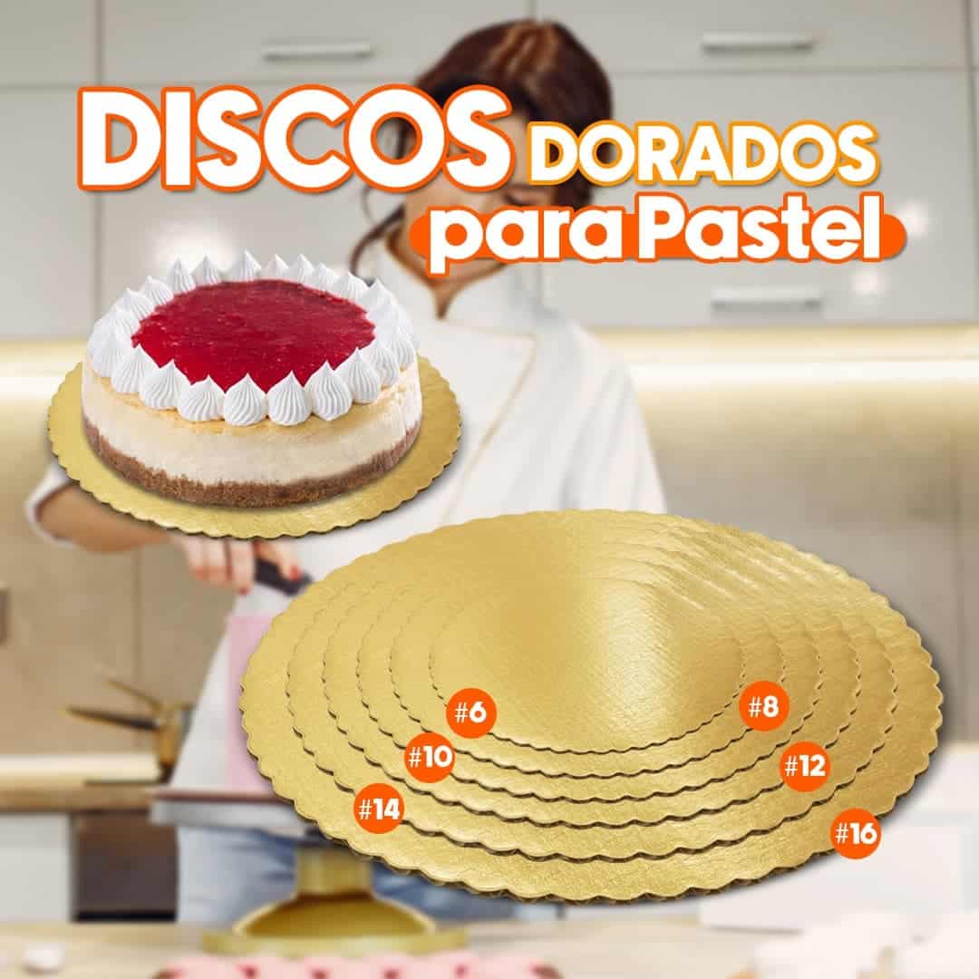 Discos dorados para pasteles de diferentes tamaños ideales para repostería y presentación de tortas.