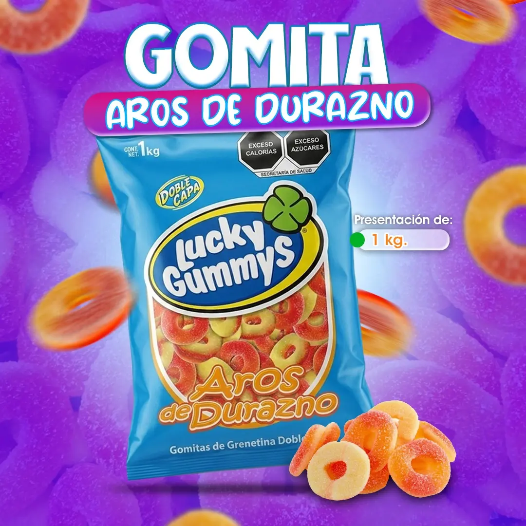 Gomitas de aros de durazno para dulcerías y mesas de postres