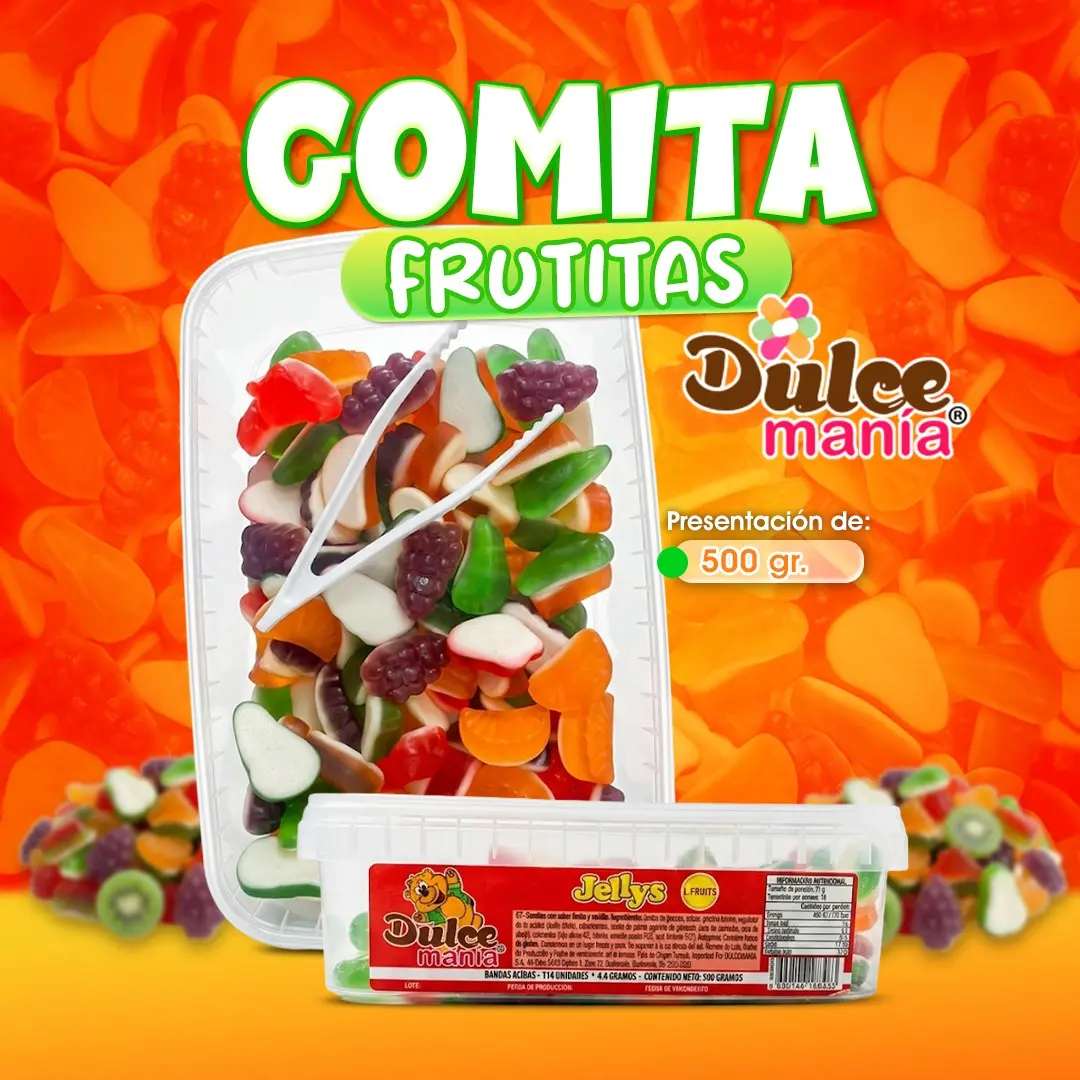 Las Gomitas Frutita Dulce Manía de 500 gramos son perfectas para tiendas, pulperías, piñatas y emprendimientos de dulces.
