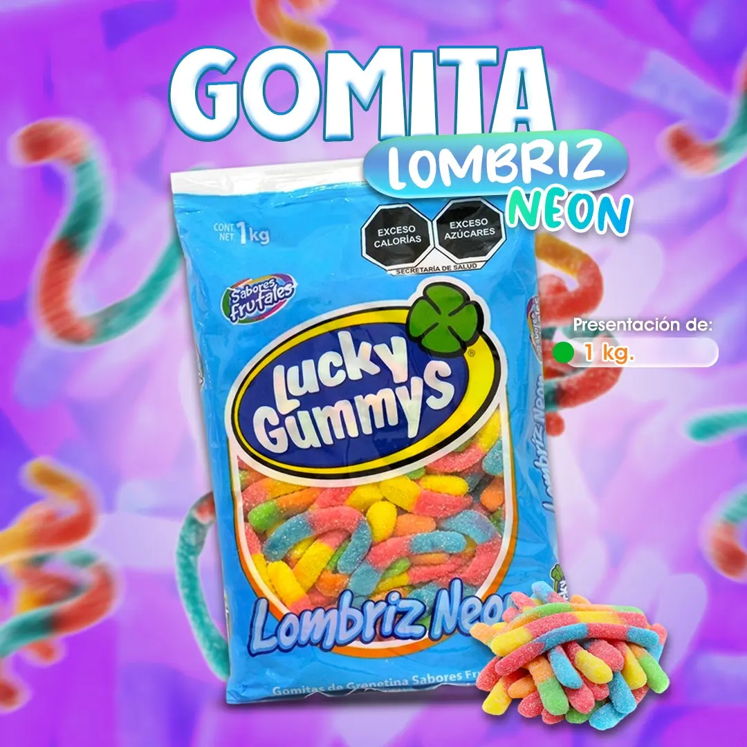 Gomita lombrices neón azucaradas por kilo de sabores frutales.