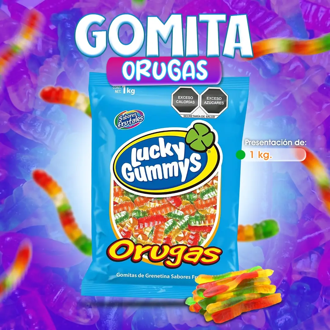Gomitas de orugas por kilo para venta y mesas de dulces.