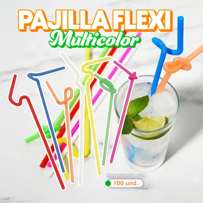 Nuestras pajillas flexi multicolor son perfectas para refrescos, jugos, granitas, limonadas, batidos, cócteles sin alcohol y bebidas para eventos. Gracias a su diseño flexible, son prácticas, llamativas y cómodas para disfrutar cualquier bebida. Disponibles en presentación de 100 unidades en Cosquisa