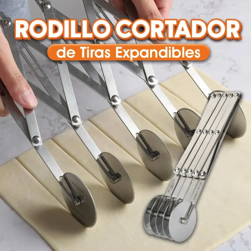 Rodillo cortador de tiras expandible de acero inoxidable para panadería, repostería y pastelería.