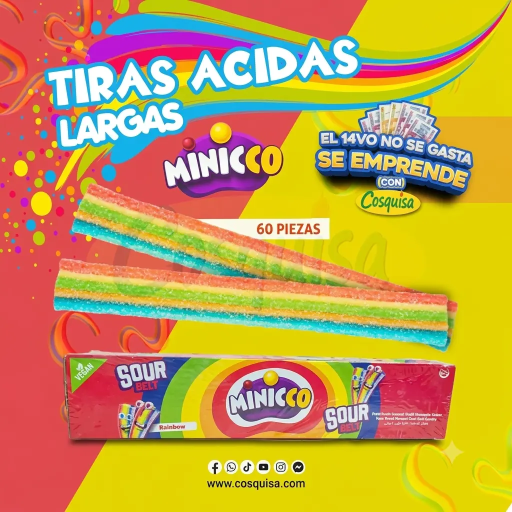 Tiras Ácidas Largas Minicco, gomitas ácidas largas para venta en tiendas, piñatas, y emprendimientos de confitería en Honduras.