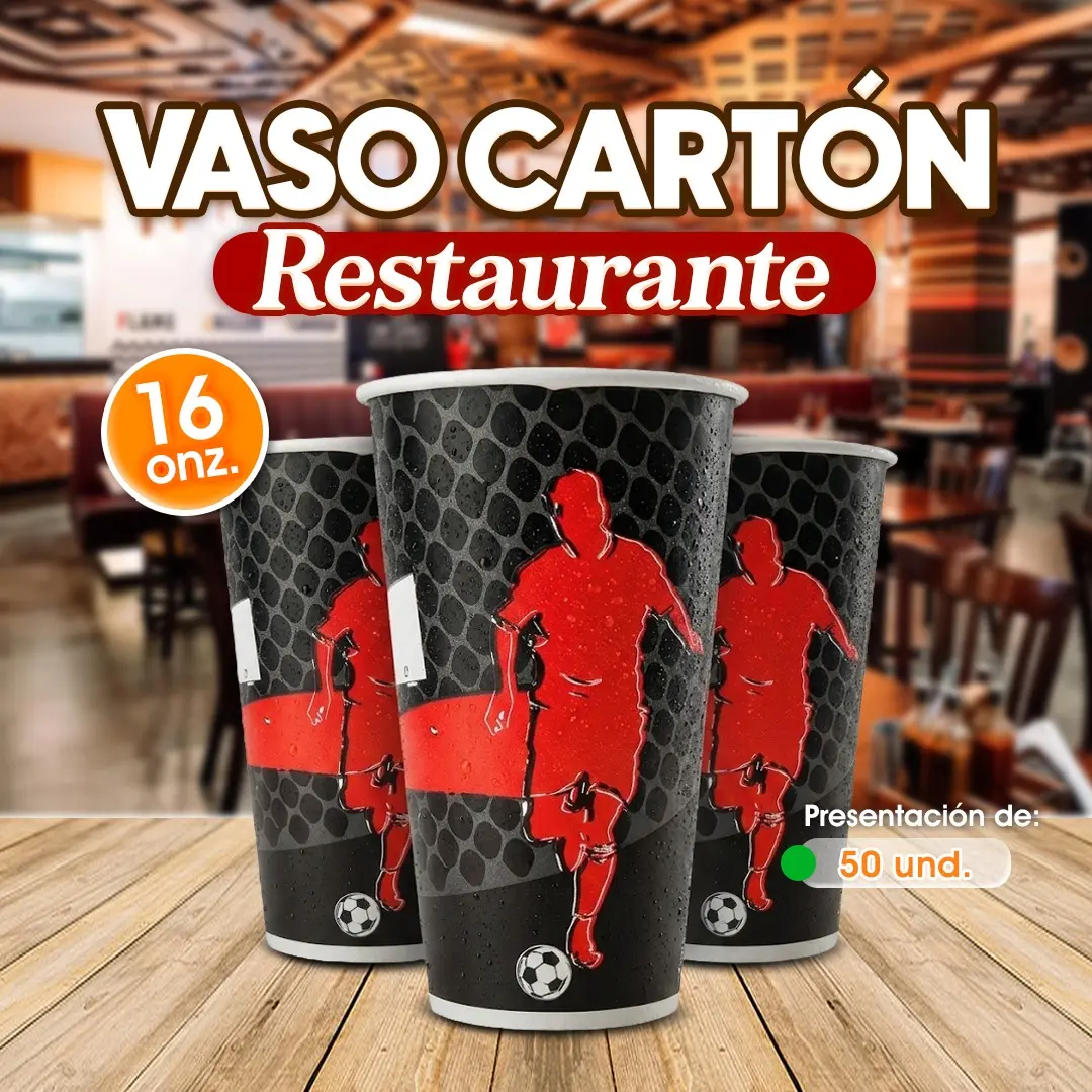 vaso de cartón 16 onzas para restaurantes, con diseño de jugador.