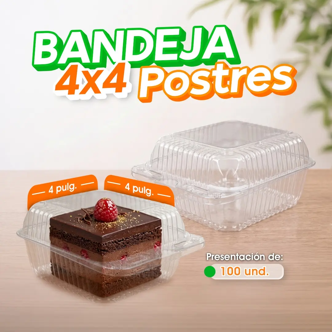 Bandeja cuadrada 4x4 para repostería, postres y presentación de alimentos. Entra esta y más estilos de bandejas transparentes en Cosquisa.