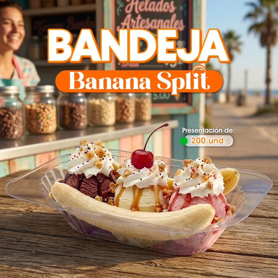 Bandeja plástica para banana split y presentación de postres. Encuentra esta y otras bandejas en Cosquisa.