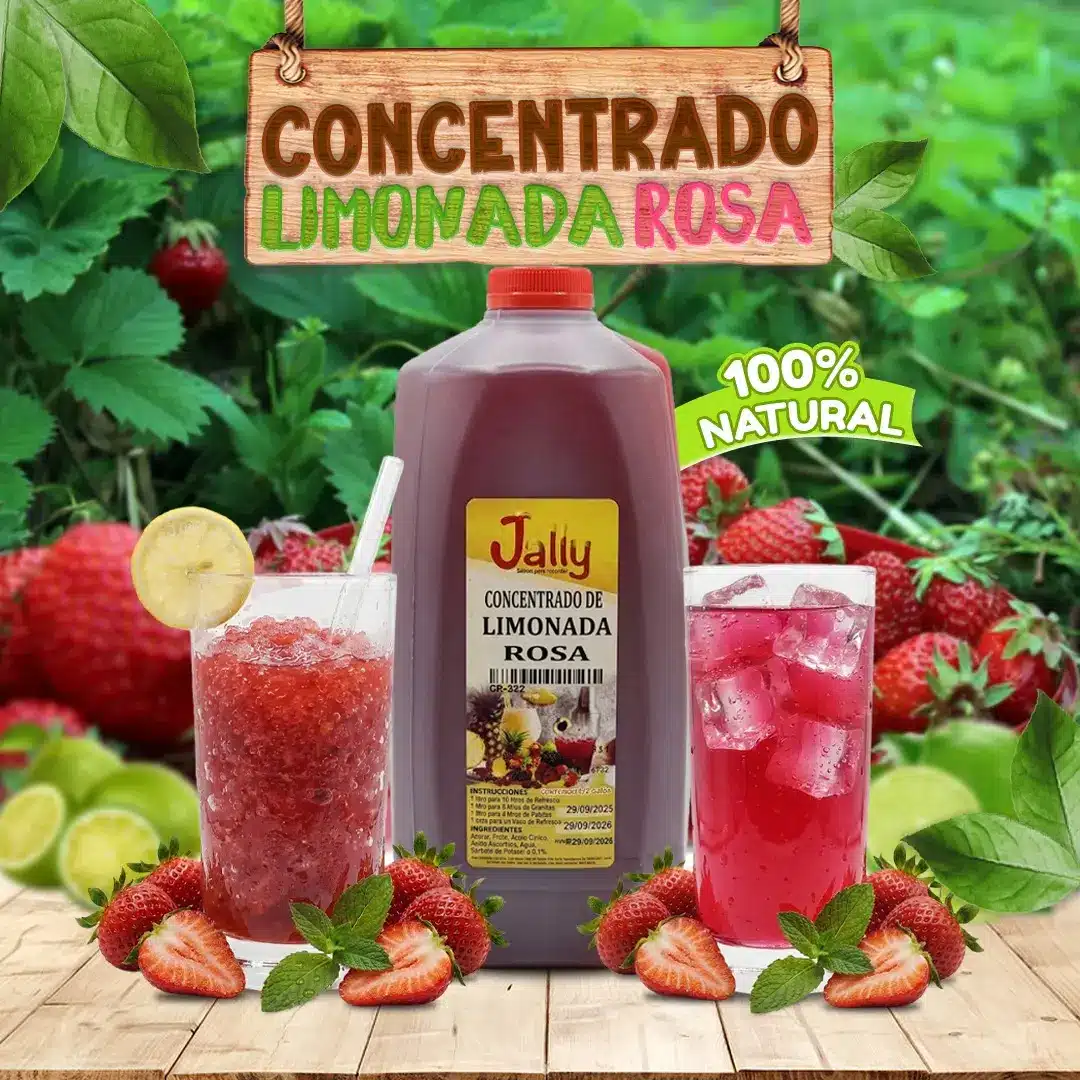 Concentrado de Limonada Rosa para preparar bebidas, granitas, paletas y helados con intenso sabor tropical.