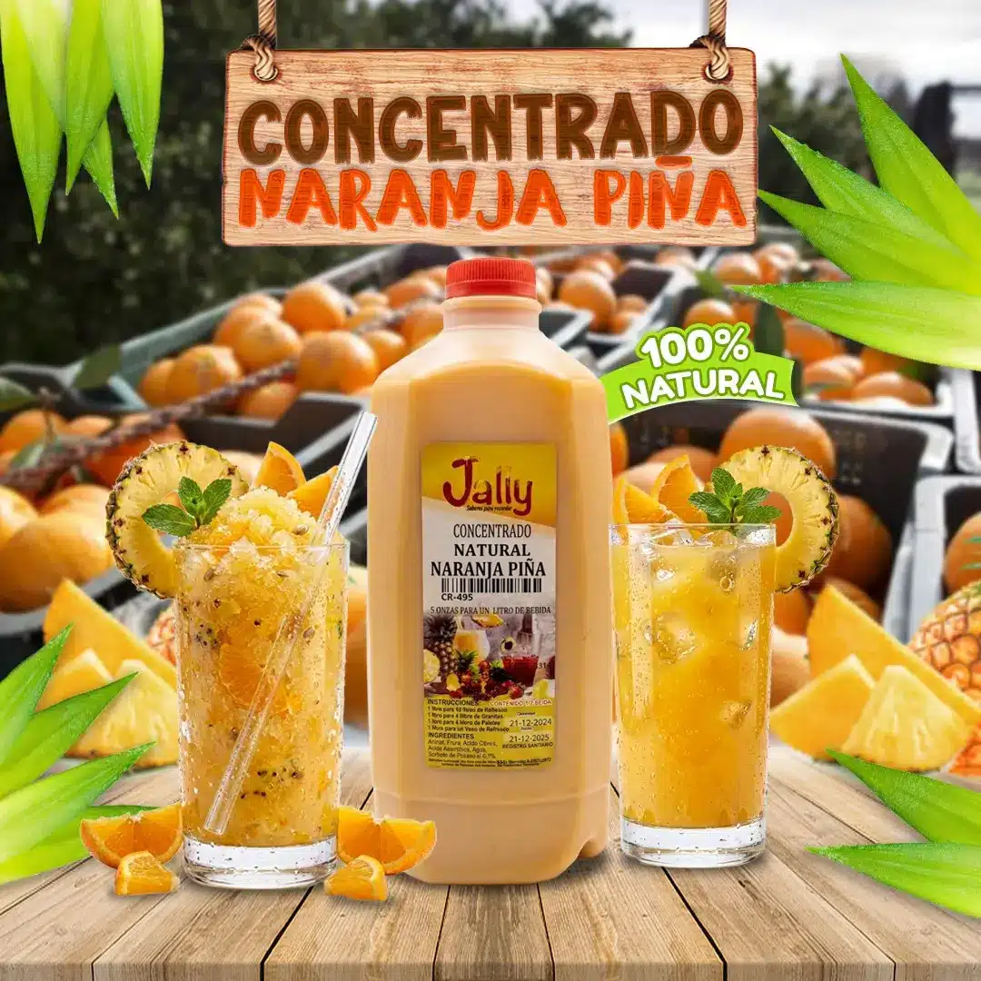 Concentrado de Naranja Piña para preparar bebidas, granitas, paletas y helados con intenso sabor tropical