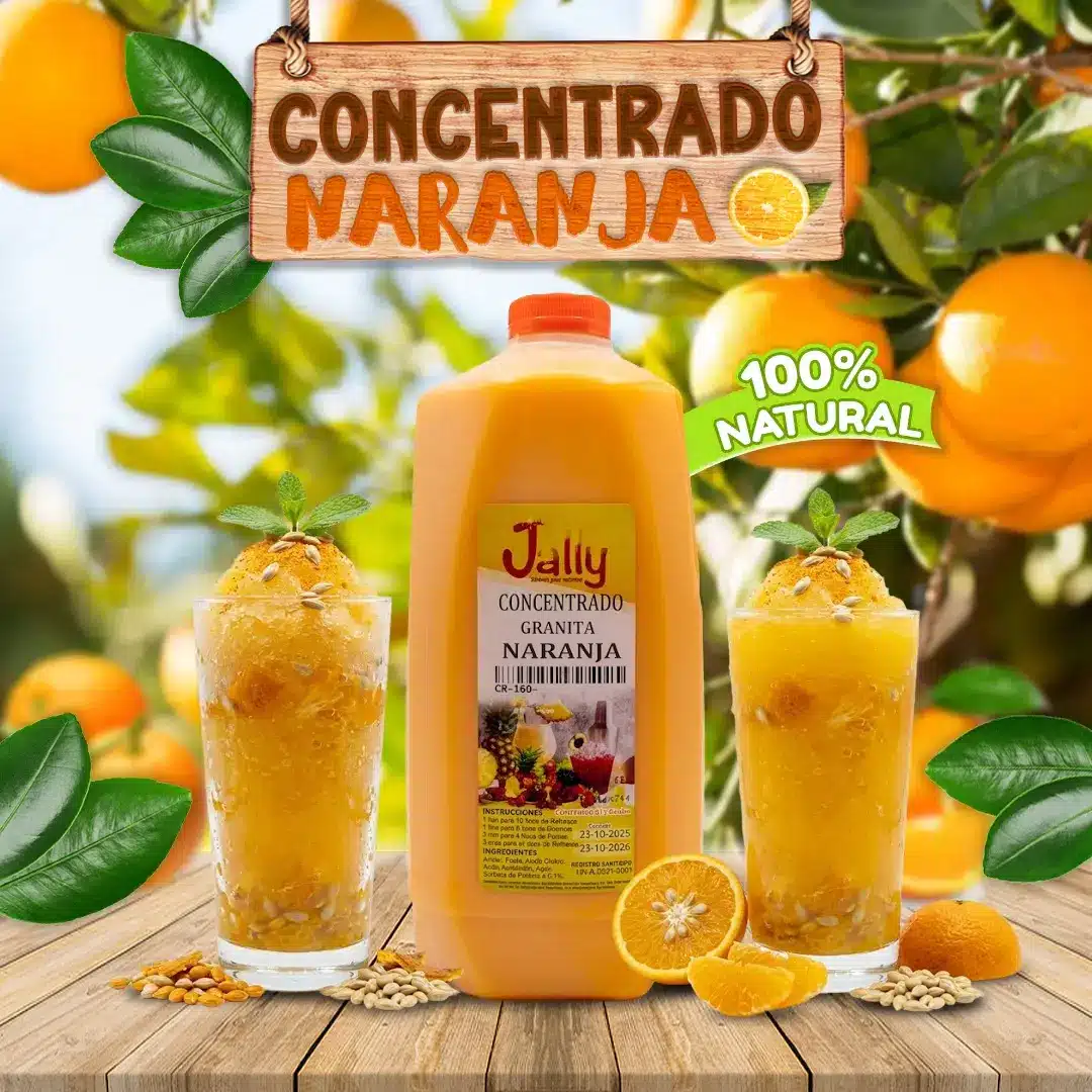 Concentrado de Naranja para preparar bebidas, granitas, paletas y helados con intenso sabor tropical.