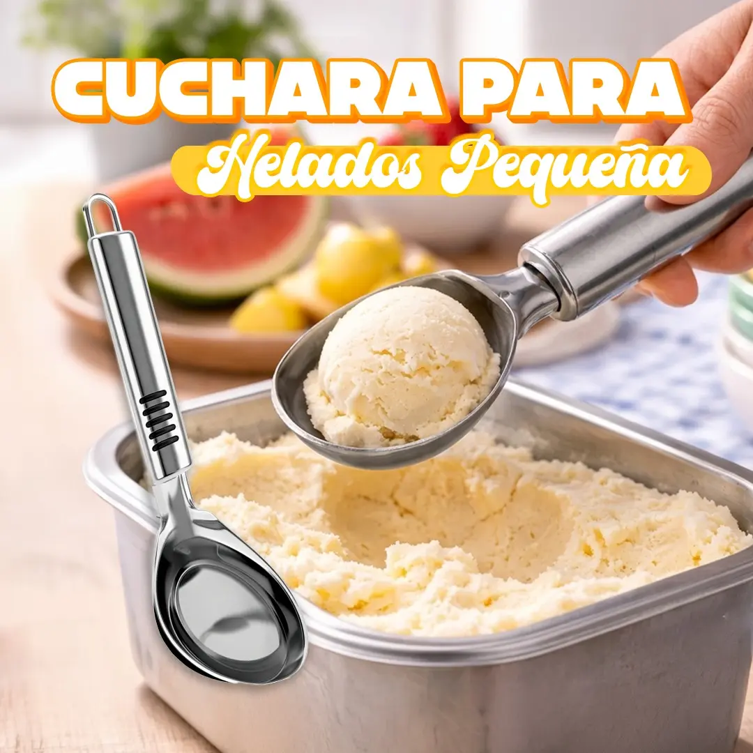 Cuchara de helados pequeña para servir porciones uniformes de helado y postres, disponible en Cosquisa Honduras.