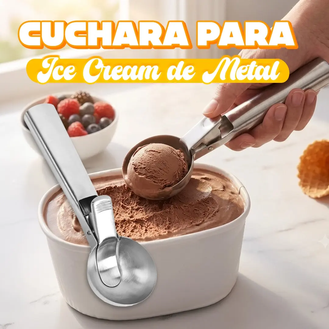 Cuchara para ice cream de metal resistente para servir helado de manera uniforme y profesional, disponible en Cosquisa Honduras.