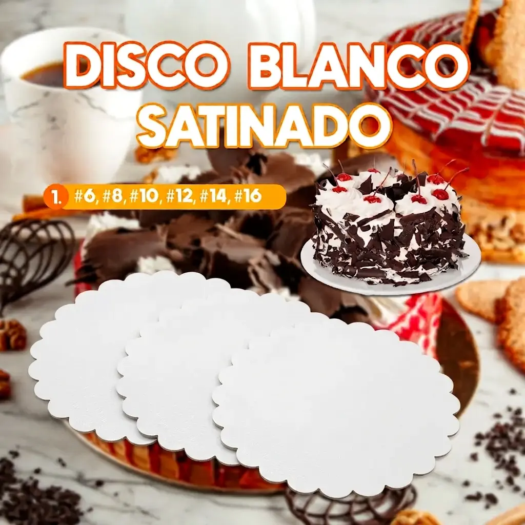 Discos blancos satinados para pasteles de diferentes tamaños ideales para repostería y presentación de tortas.