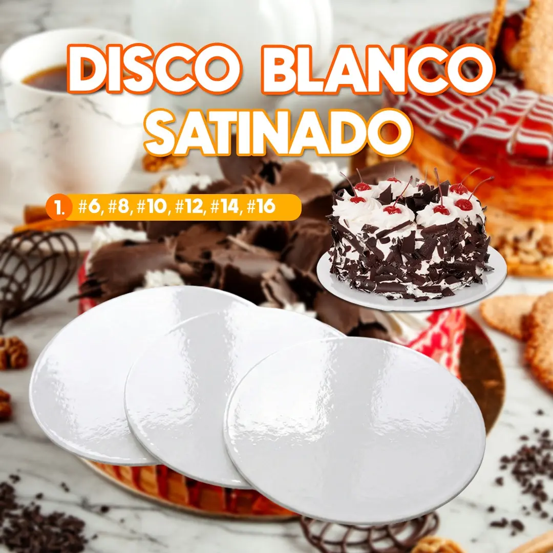 Discos blancos satinados para pasteles de diferentes tamaños ideales para repostería y presentación de tortas.