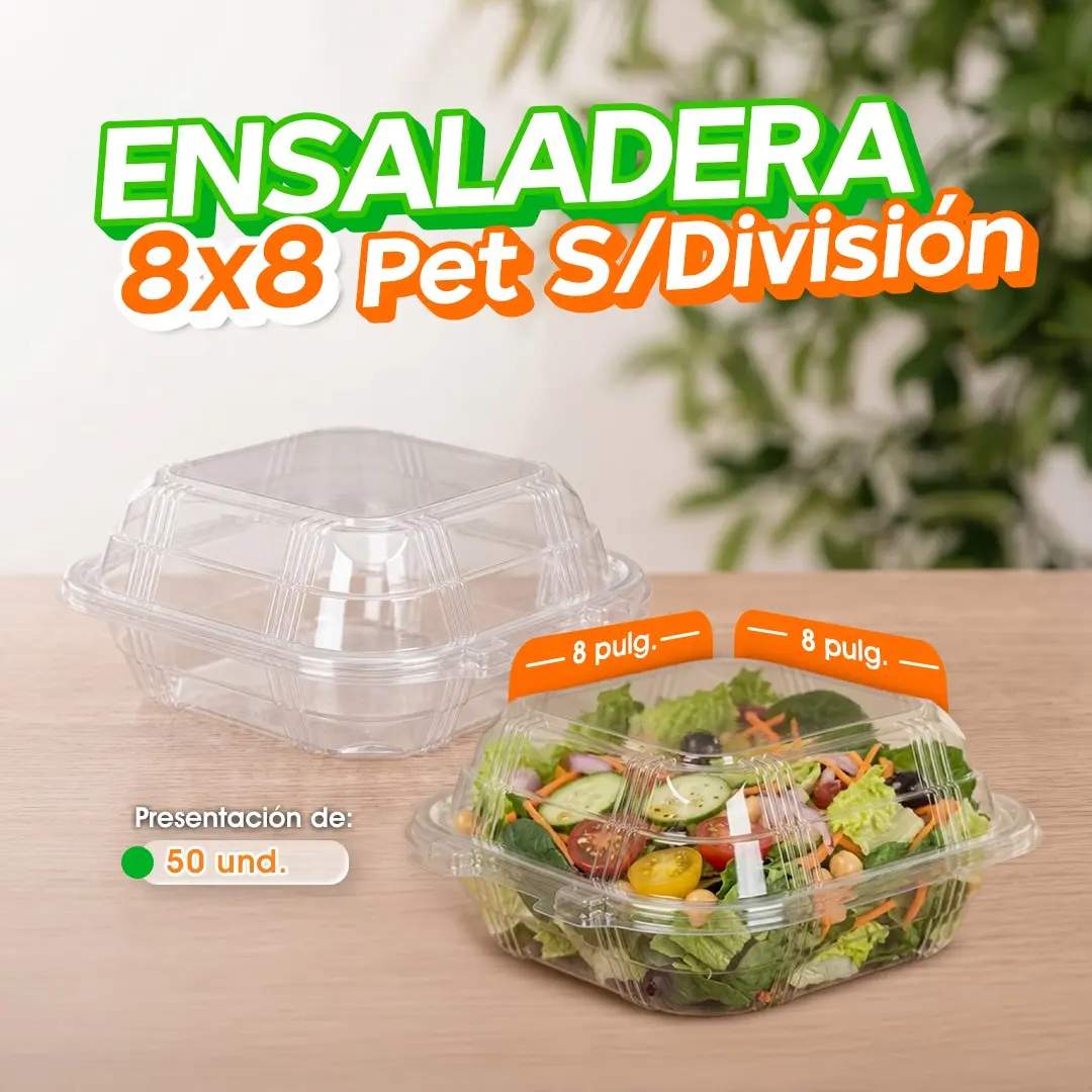 Ensaladera PET cuadrada 8x8 para alimentos
