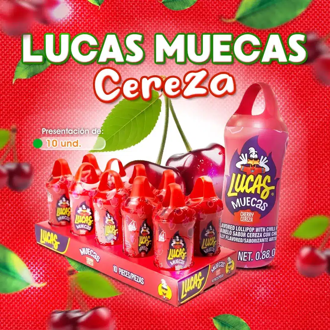 Lucas Muecas sabor cereza en paquete de 10 unidades para venta en Honduras.