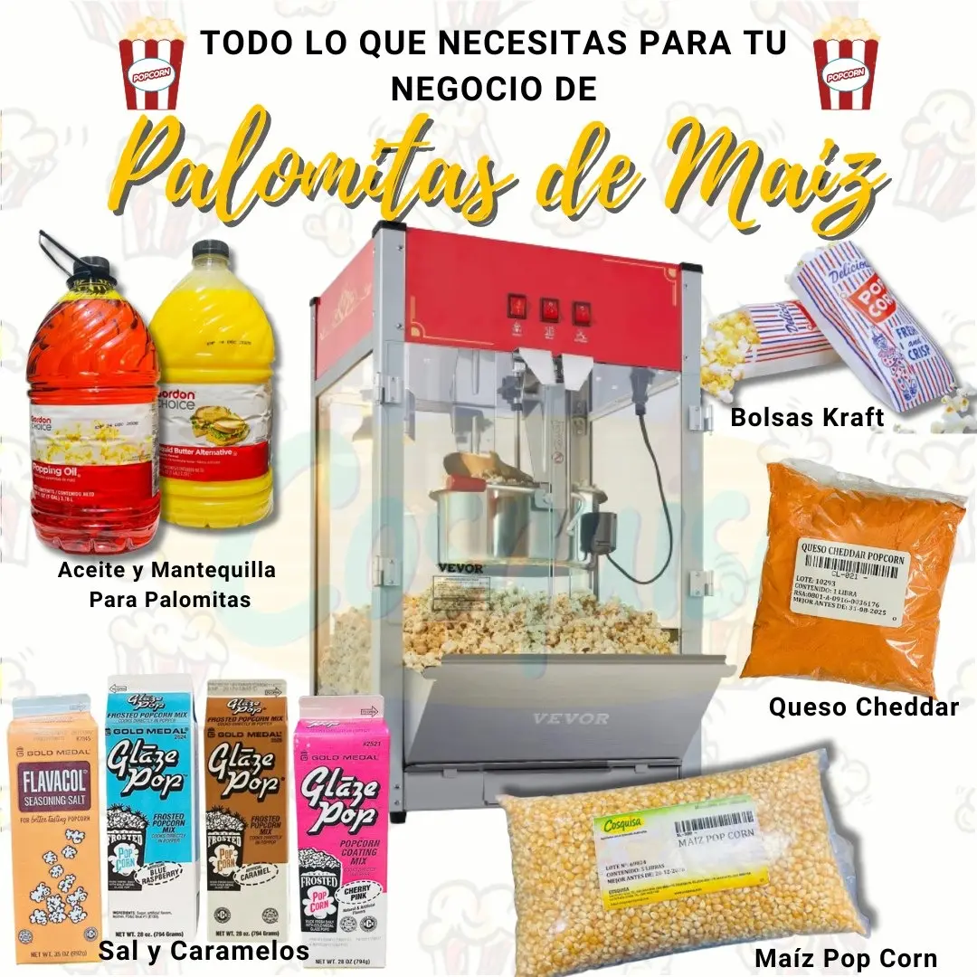 Kit completo para emprender negocio de palomitas con máquina, maíz, queso cheddar, aceite, sal, caramelo y bolsas para empacar.