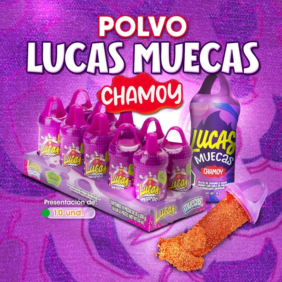 Polvo Lucas Muecas Chamoy, dulce en polvo con sabor a chamoy dulce, ácido y picante, disponible en Cosquisa Honduras