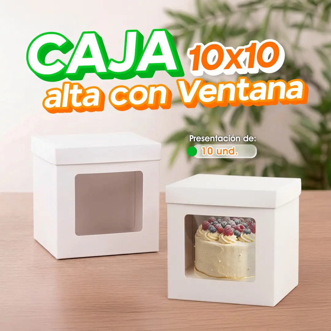 Caja 10x10 alta con ventana para pastel y repostería