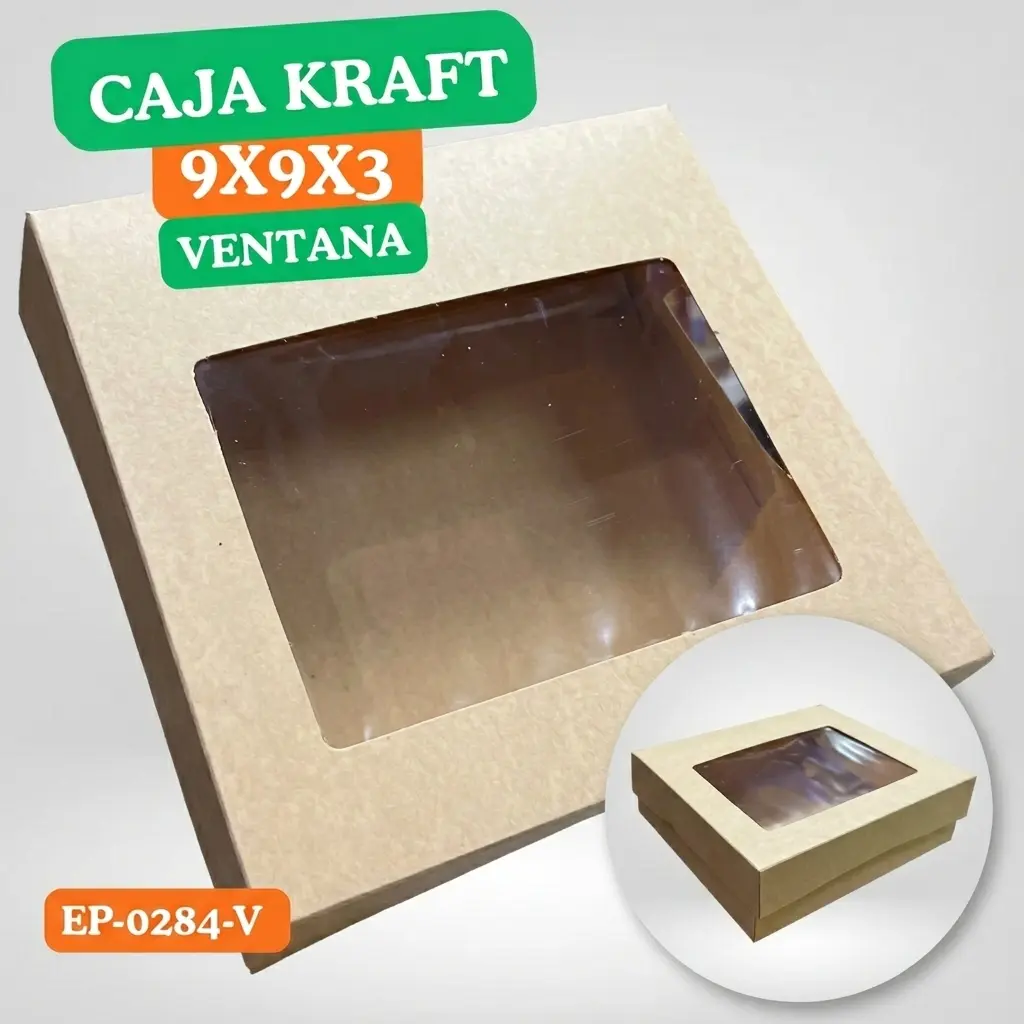 Caja kraft 9x9x3 con ventana para postres y repostería