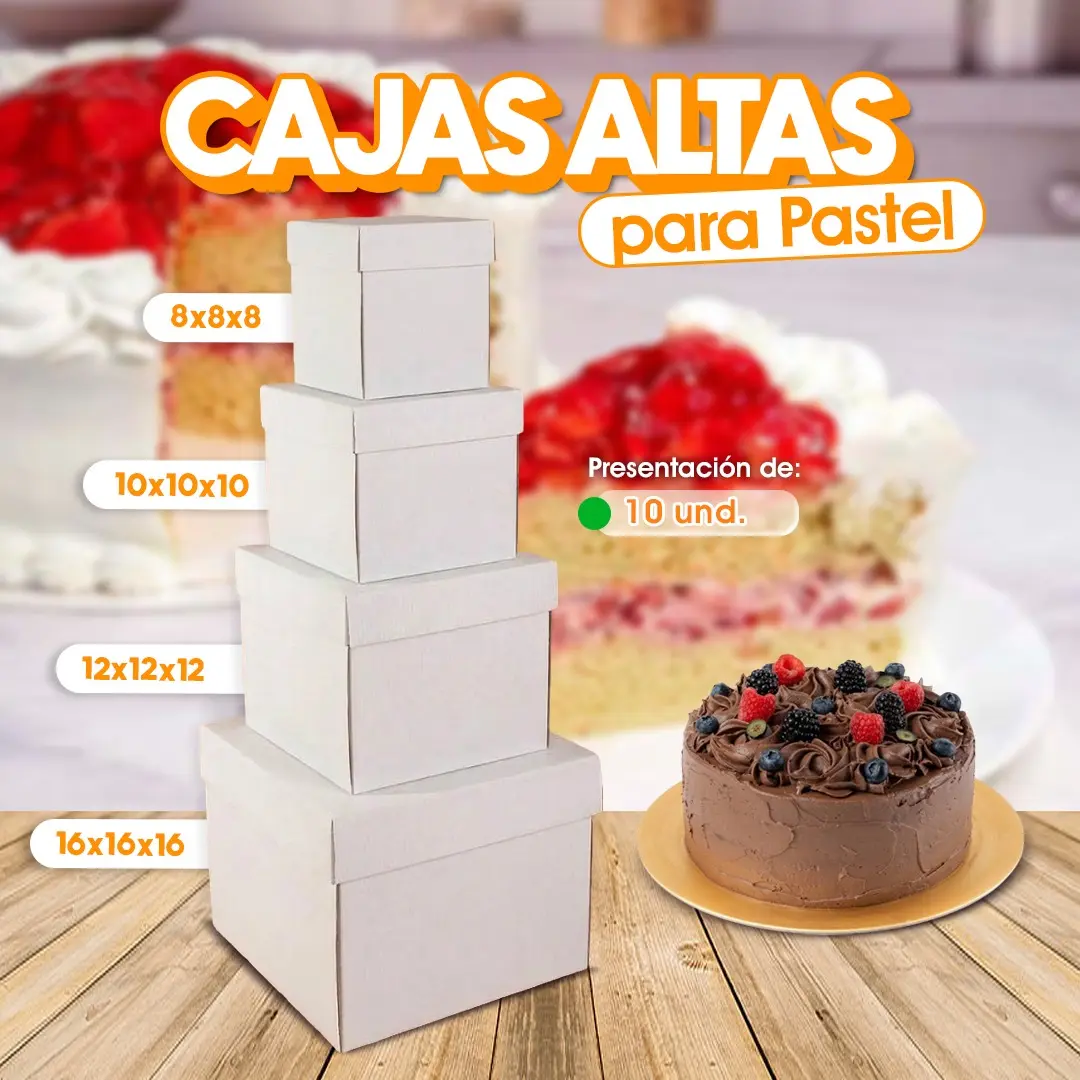 Cajas altas para pastel en diferentes tamaños, ideales para proteger y presentar tus pasteles y productos de repostería.