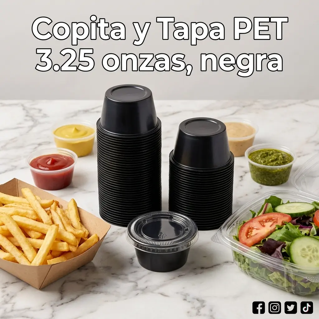 Copita y tapa PET 3.25 onzas negra para salsas | Cosquisa Honduras