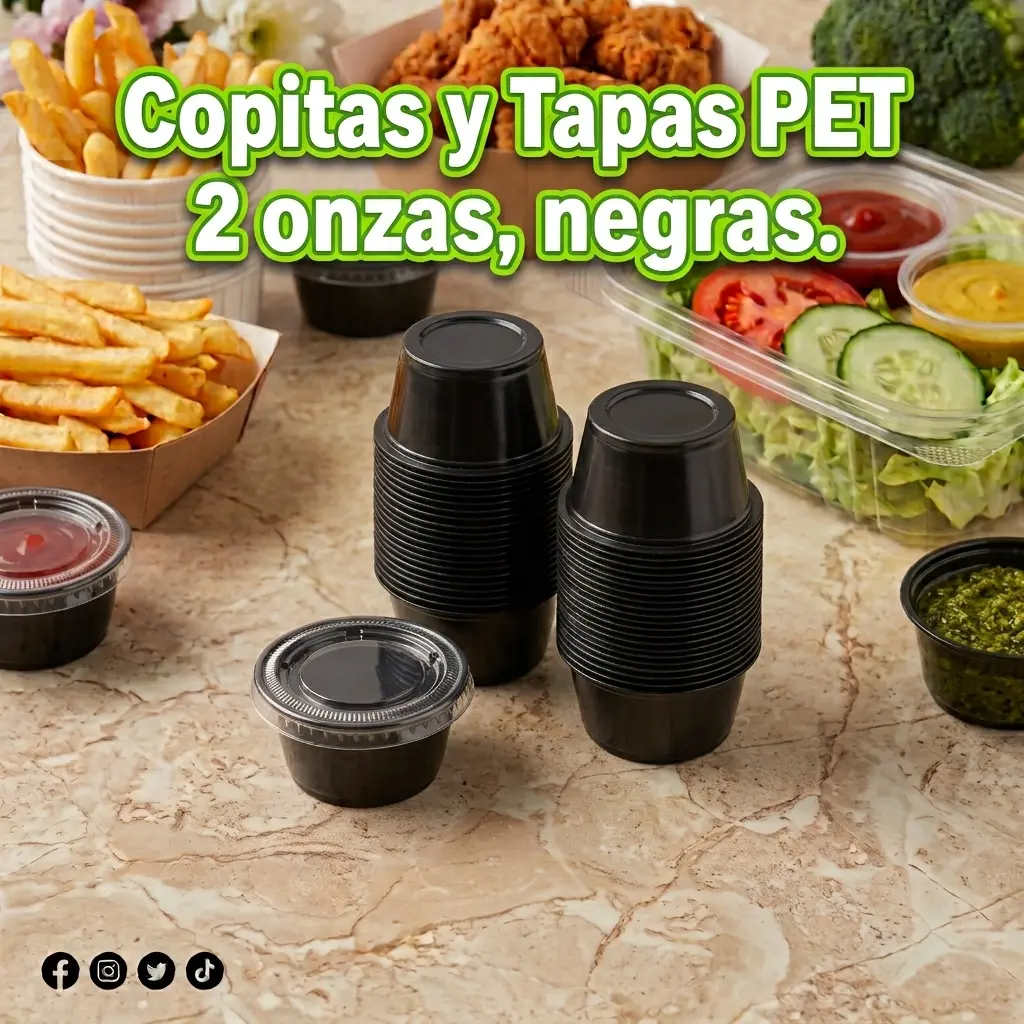 Copita y tapa PET 2 onzas negra para salsas | Cosquisa Honduras