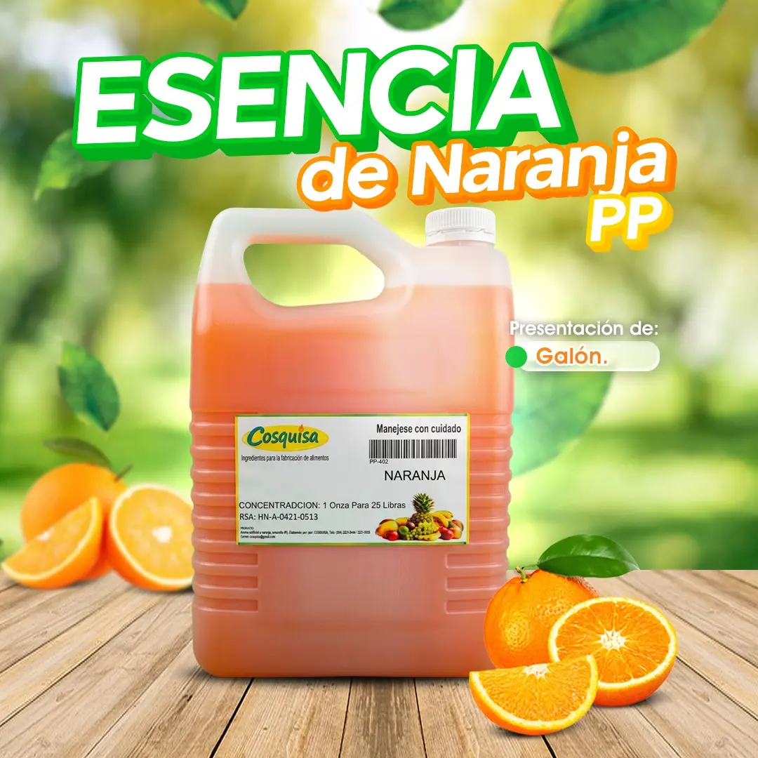 Galón de esencia de naranja PP para panificación.